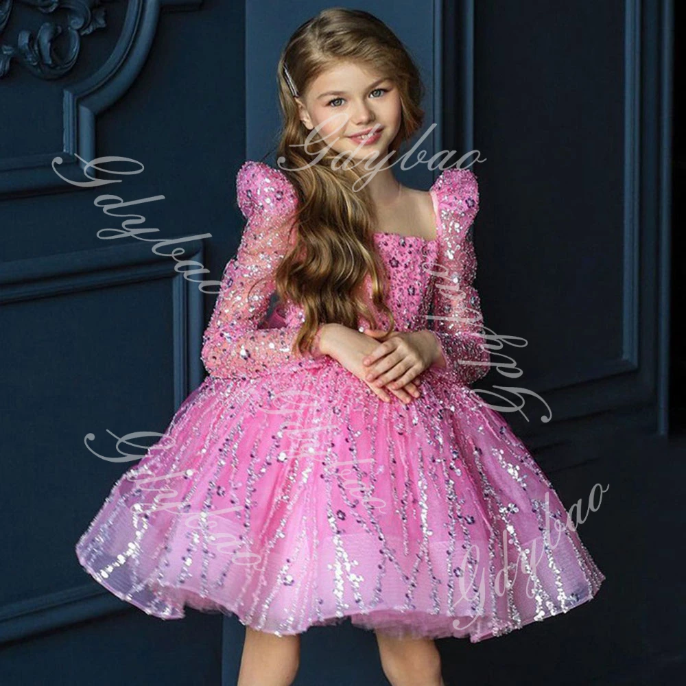 Sparkly Arabic Girls Dress 2025 Beading Purple Baby Kids Princess Flower Girl Dress Full Sleeve Birthday Party Holiday Ball Gown