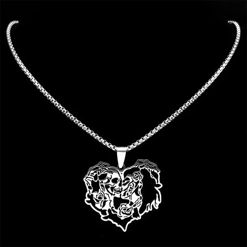 Gothic Skull Couple Heart Pendant Necklace for Women Men Stainless Steel Skeleton Rose Flower Punk Chain Jewelry colar NZZZ509S6