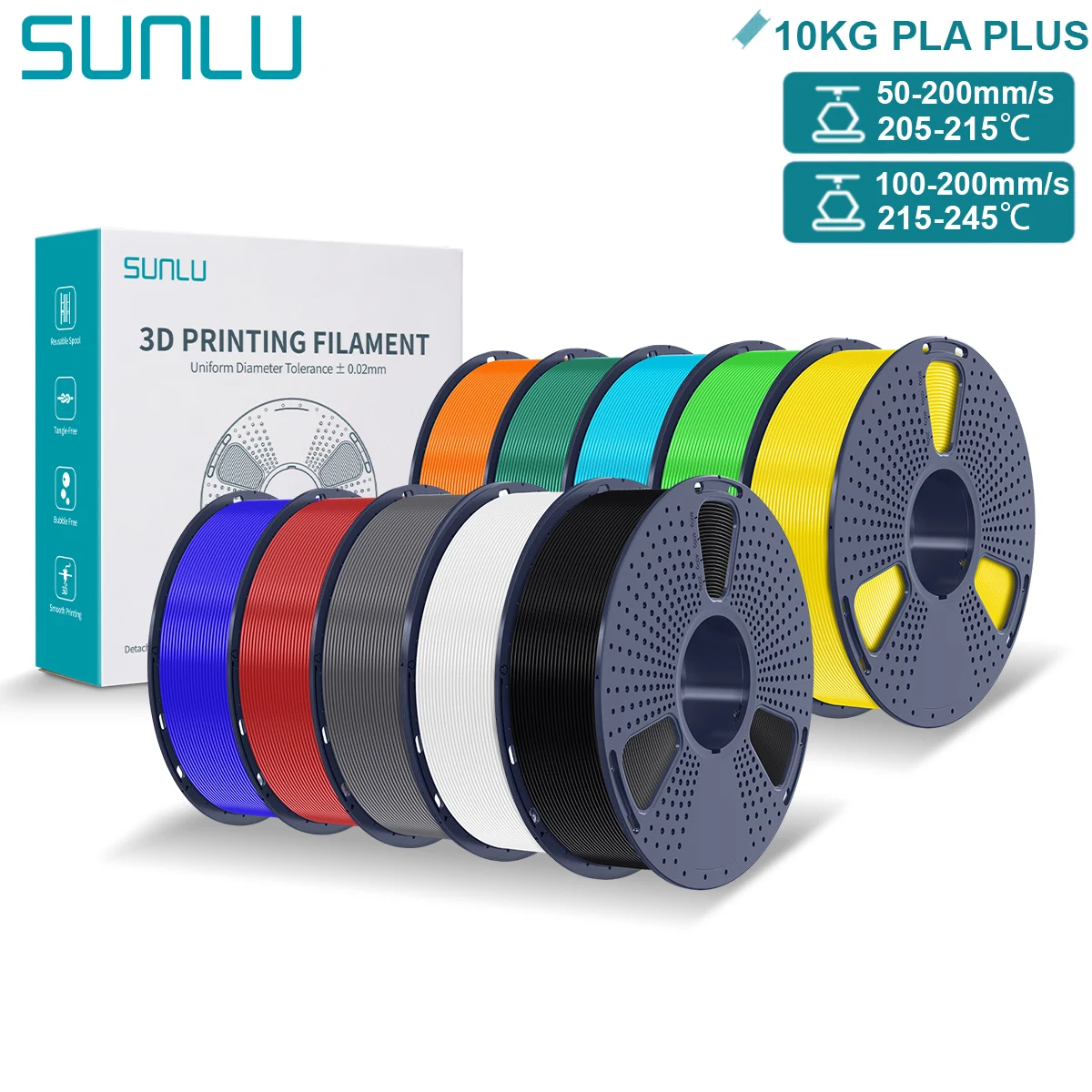 SUNLU PLA Plus Filament PLA+ 10KG 1.75mm Stronger Resilience Neatly Wound 1Kg Spool Multicolor 3D Filaments for FDM 3D Printers