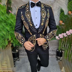 Goud Geborduurde Stenen Herenpakken 3 Stuks Sets Mannelijk Diner Prom Blazers Luxe Jacquard Bruidegom Smoking Slim Fit Kostuum Homme