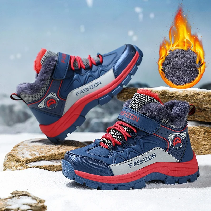 Winter Warm Kids Snow Boots Fleece Lining High Top Trekking Shoes Magic Strap Closure Shock Absorbing Anti-slip Sole Boys Girls