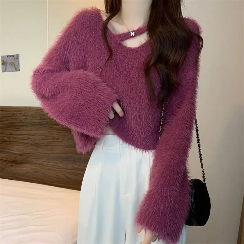 

Autumn Winter New Women's Design Sense of Imitation Mink Hollow Out V-Neck Long Sleeve Fashion Loose Casual Sweaters Tops