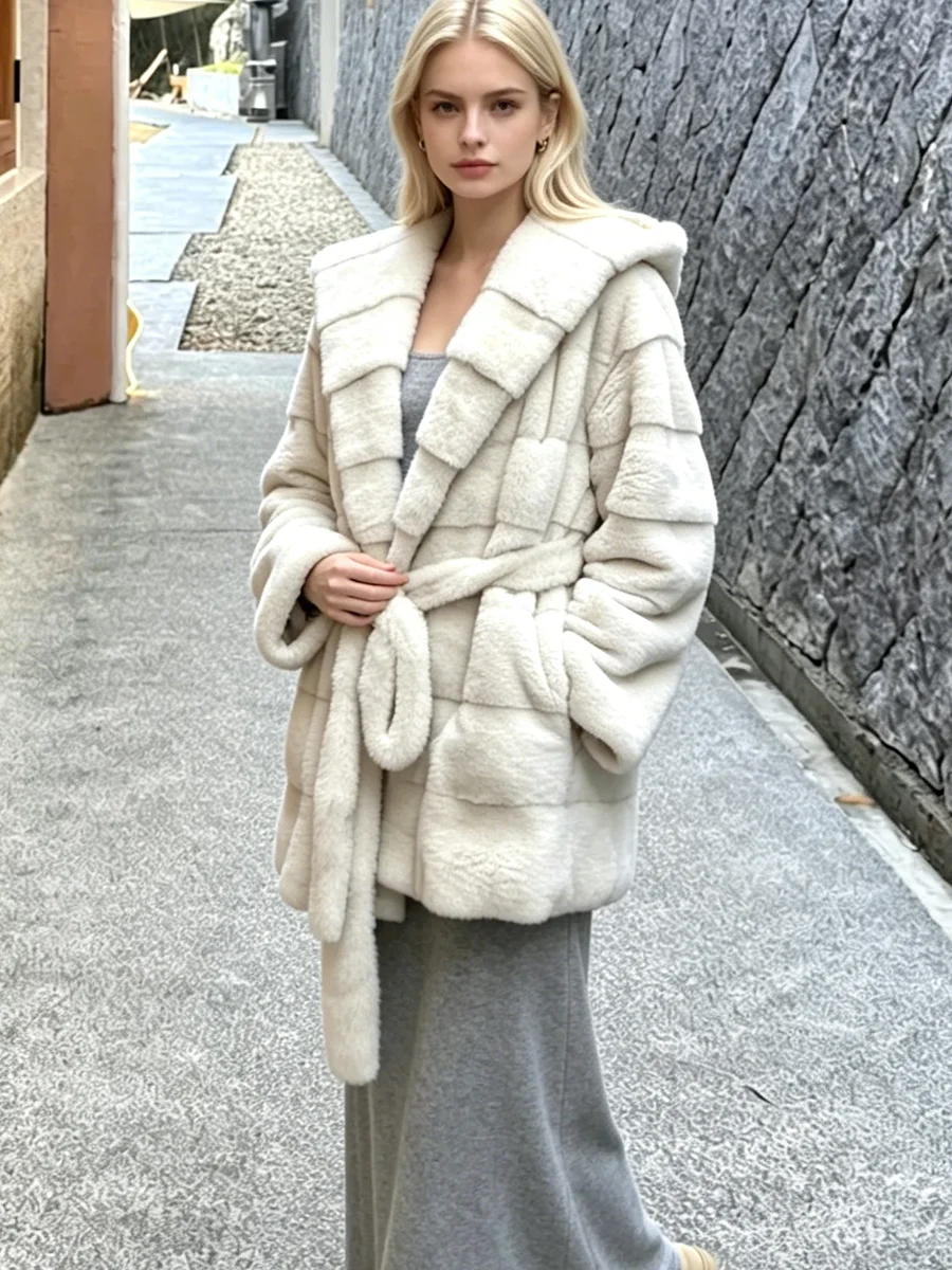 LIMO Women  Faux Mink Fur Mid Length Coat Hooded Belted Waist Fluffy Winter Luxury Outerwear