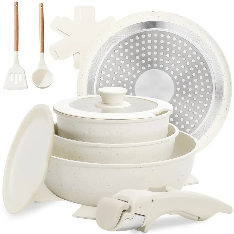 Conjunto de panelas e frigideiras antiaderentes com alça removível, conjunto de panelas de cerâmica para empilhável, conjunto de panelas de cozinha por indução com 10 peças