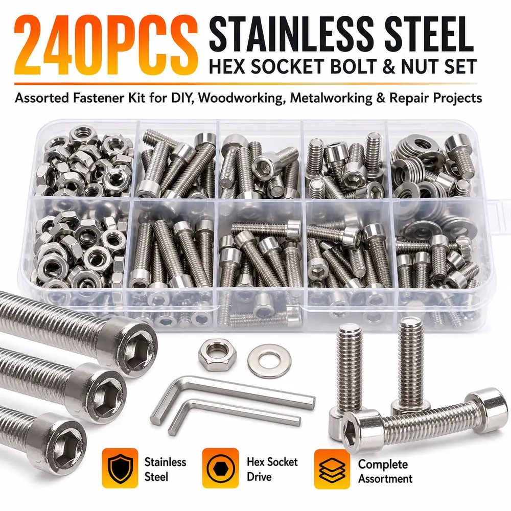 240pcs Stainless Steel Stainless Steel Bolt Set Socket Head Flat Washers Nut And Bolt Set Corrosion Resistant DIY Projects