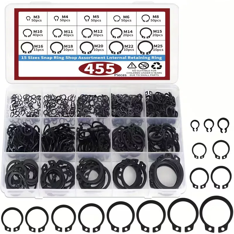 

455pcs Internal Circlip Assortment Kit C Clip Washer set Retaining Ring Snap Ring kit 65Mn Steel M3-M25 for metal shaft hole
