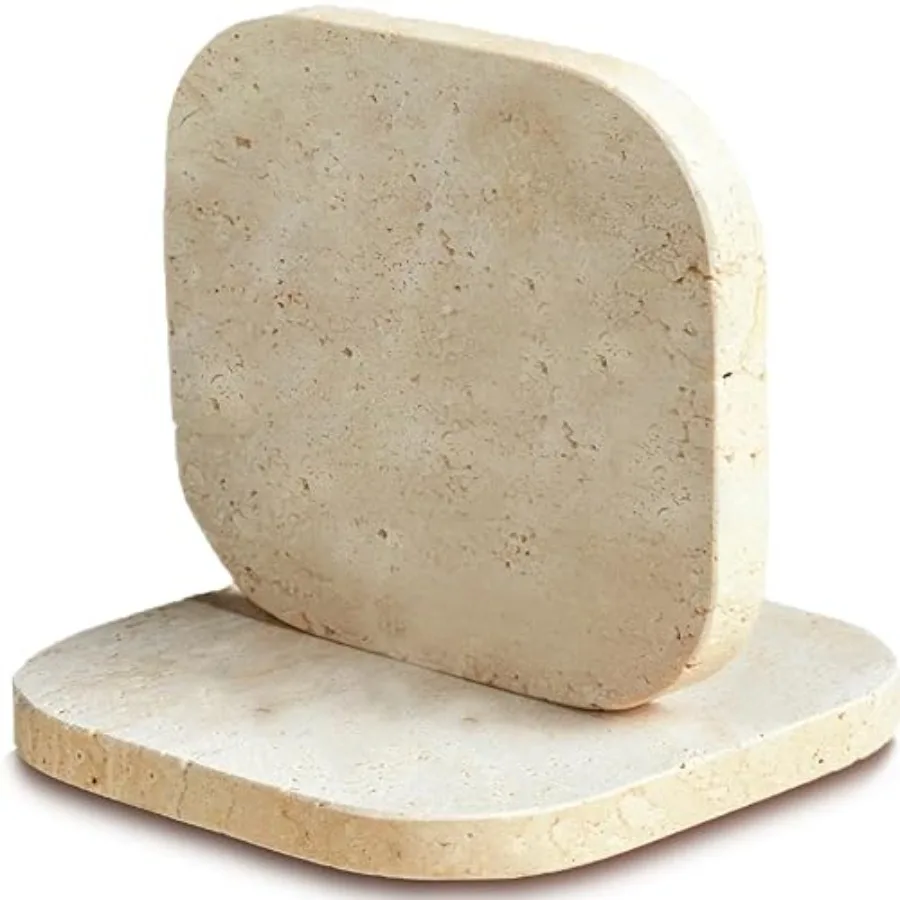 

2PACK Travertine Marble Coasters Natural Coaster Set of 2, 4" Square Stone Drink Coasters with Thick Cork Backing, Durable Non-