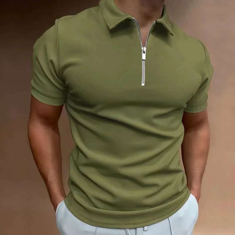 Summer Men\'s Solid Color Polo Shirt Short Sleeve Turn-Down Collar Zipper Tshirts &for Men Casual Streetwear New Male Tops