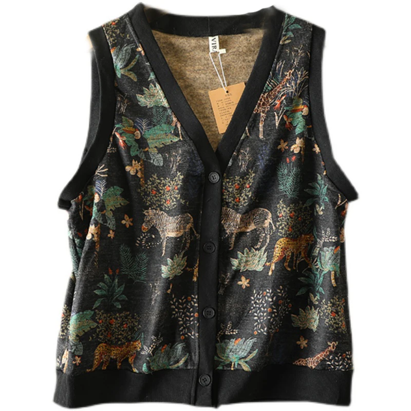 Colete Svel com estampa floral retrô, tamanho grande, feminino, outono, roupa externa, decote em V profundo, abotoado, forrado com Fce, cardigã quente