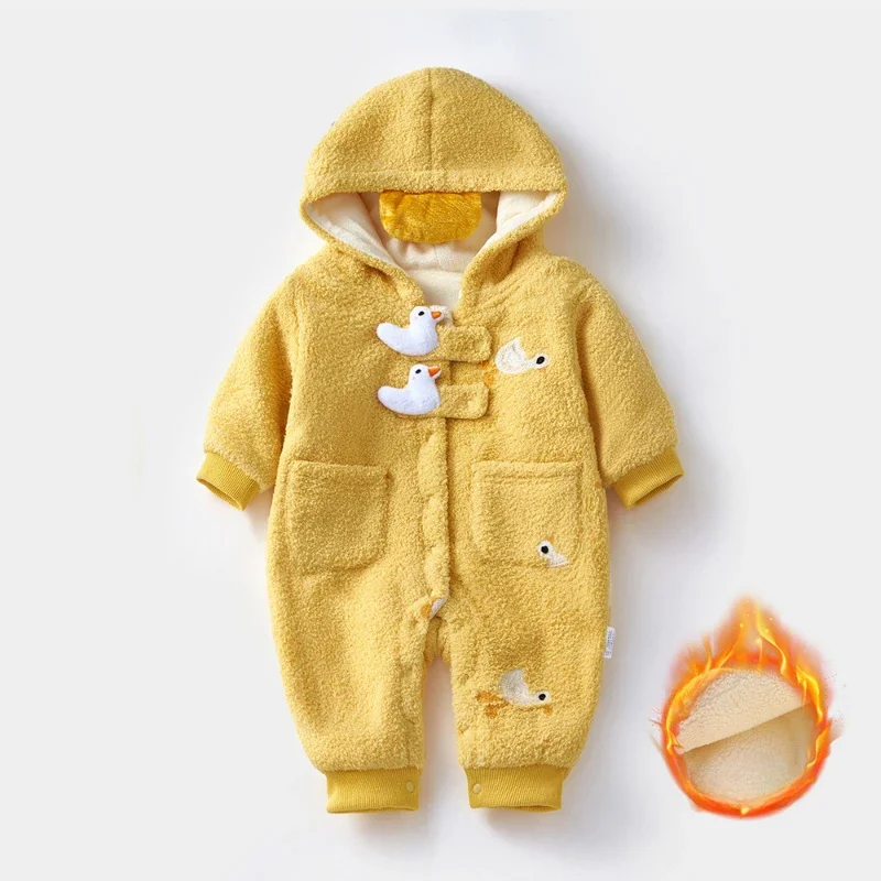 2024 Baby Clothes Girl Matching Autumn and Winter Fleece-Lined Newborn Bodysuit Korean Yellow Duck Warm Jumpsuit for Kids Outfit