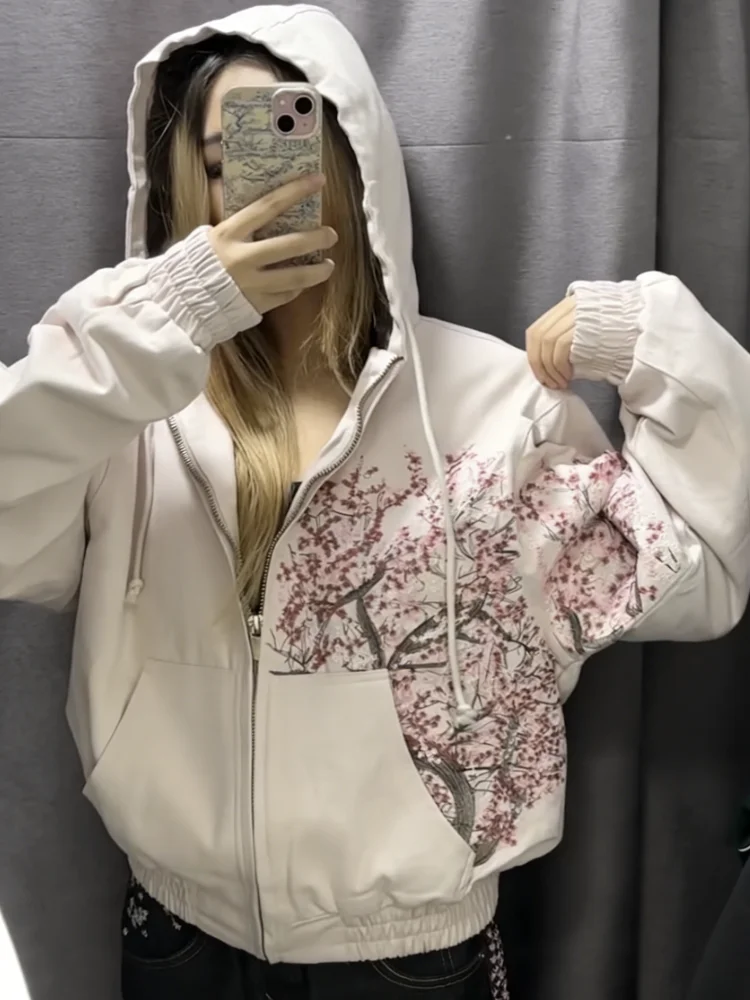 Sudadera con Capucha Rosa con Bordado Retro Sakura Estilo Harajuku Americano, Chaqueta Y2K para Hombre y Mujer, Ropa Urbana Gótica, Prenda Exterior Informal de Moda Oversize