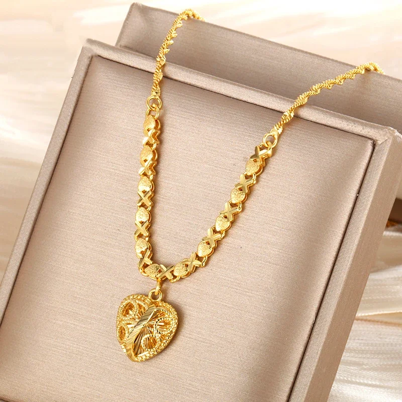 Fashion 24K Real Gold Heart Pendant Water Wave Chain Collar Senior Sense 999 Gold Vintage Quality Exquisite Love Necklace Women