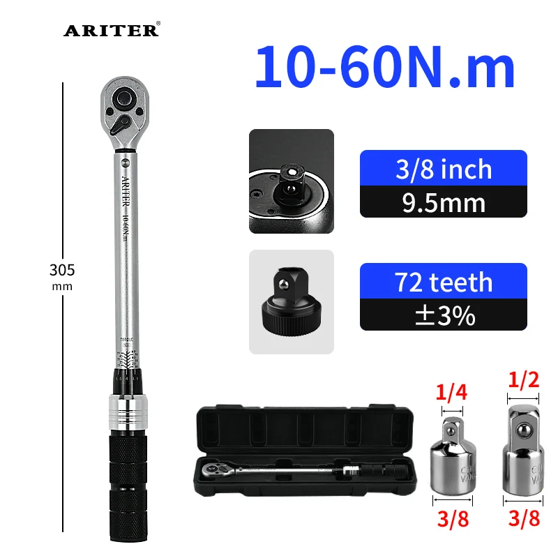 Chave de torque de acionamento bidirecional, 72 Dentes, Cabeça de catraca, Bicicleta, Moto, Reparação Automóvel, Ferramentas Manuais, 10-60 N.m, 3/8