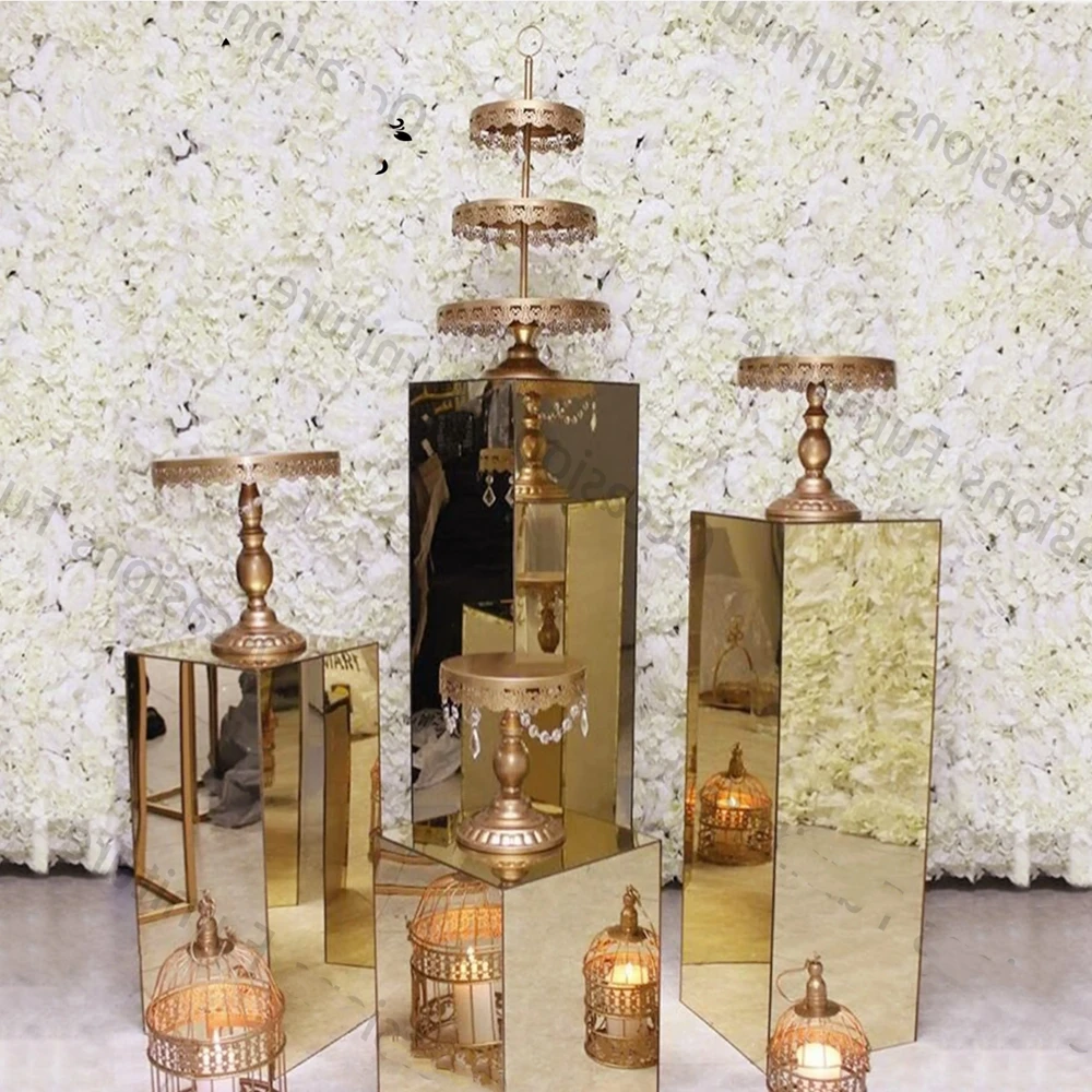 

4pcs)Mirror Aisle Cake Stand Square different height walkway pillars column for wedding decoration