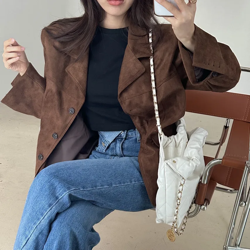 Autumn Sle Single-Button Leather Velvet Jaet Women's Hong Kong Retro Chic Loose Versatile High-End Trendy Top