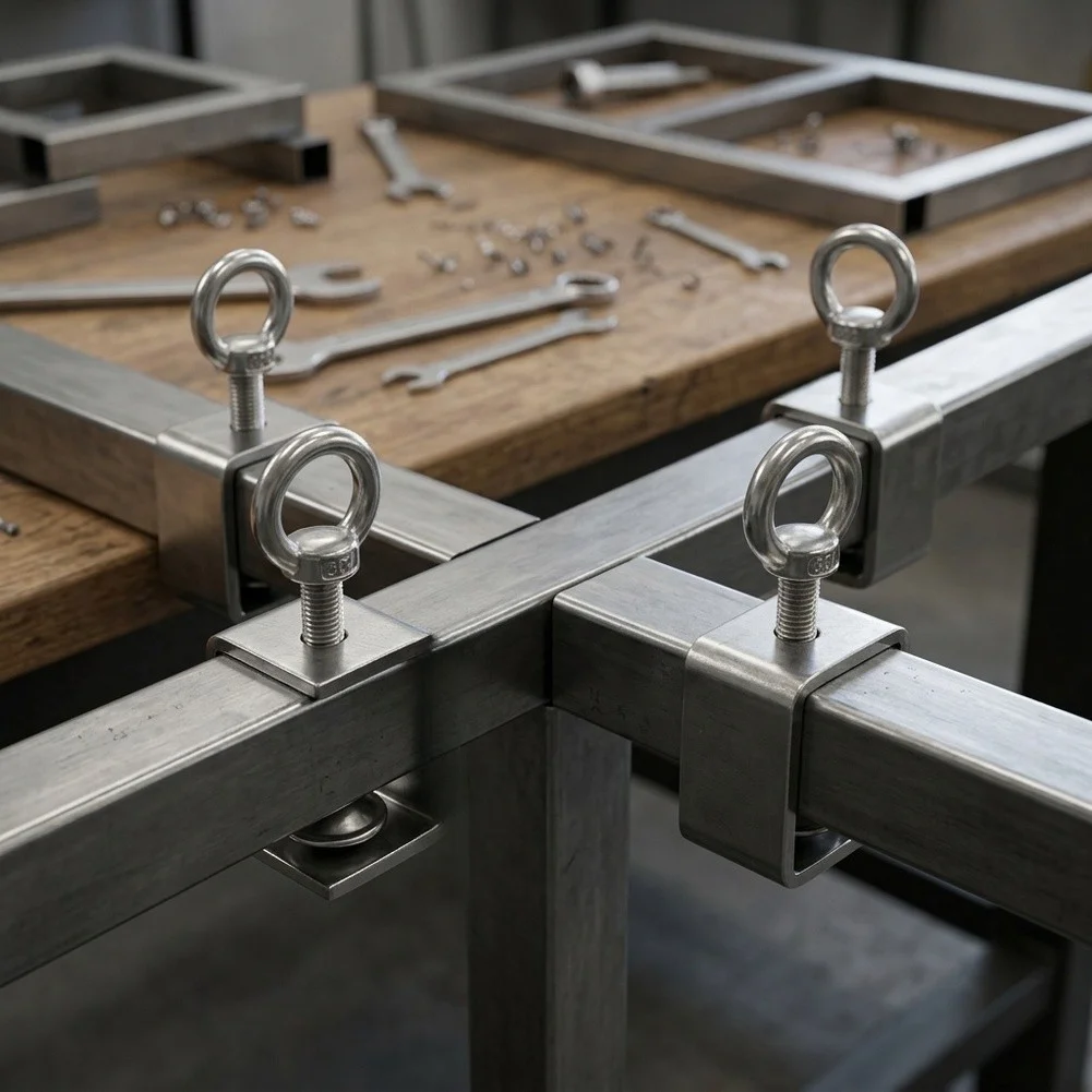 Robust Stainless Steel C Clamp with Eye Bolt Designed for Square Tube Clamping in Metalworking and Installation