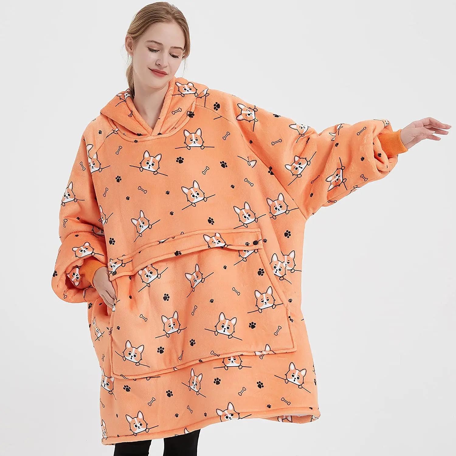 Orange Cartoon Wearable Blanket Hoodie for Adults Sherpa Winter Warm Oversized Sweatshirt Blanket with Pockets