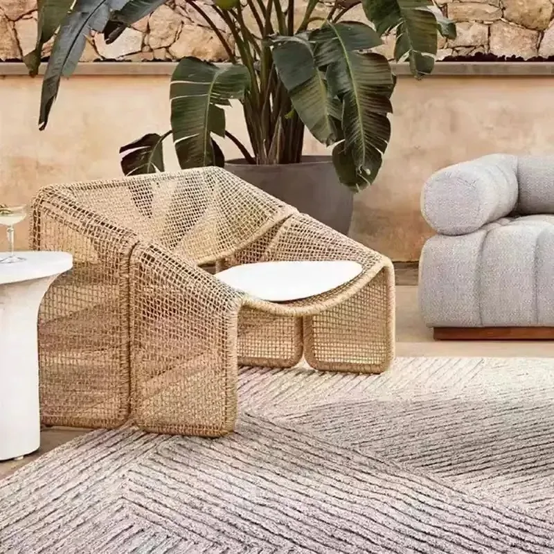 Outdoor Double Rattan Sofa Waterproof Balcony Recliner Leisure Courtyard Furniture Small Paper Chair Model for Living Room