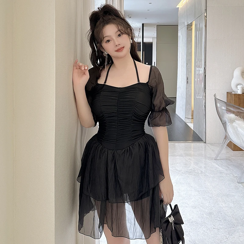 

wisuwore Plus Size One Piece Swimsuit Women Strap Off Shoulder Swimsuit Swimwear Bathing Suit Female Black Muslin Beachwear 2023