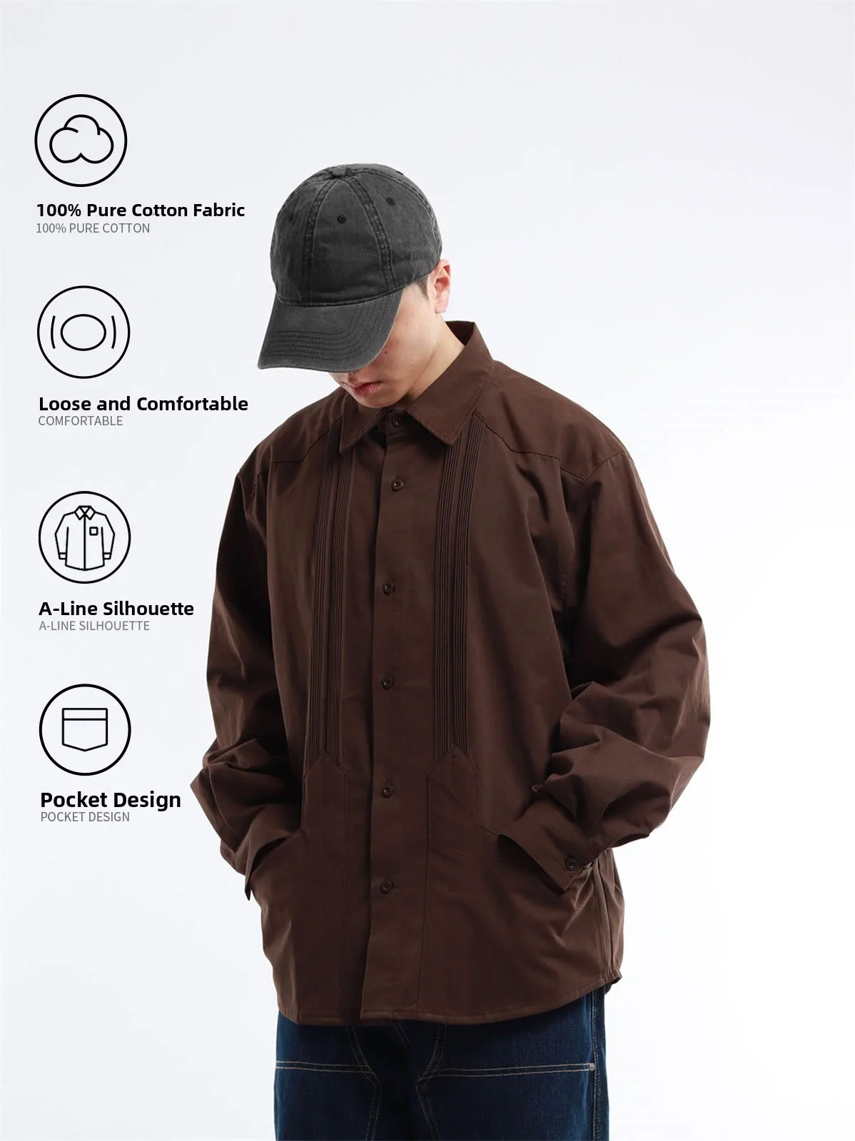 Bsapa Japanese Style Pure Color Pleated Retro Brushed Shirt Loose Fit Collared Coat for Men And Women Coffee Brown Shirt Jacket