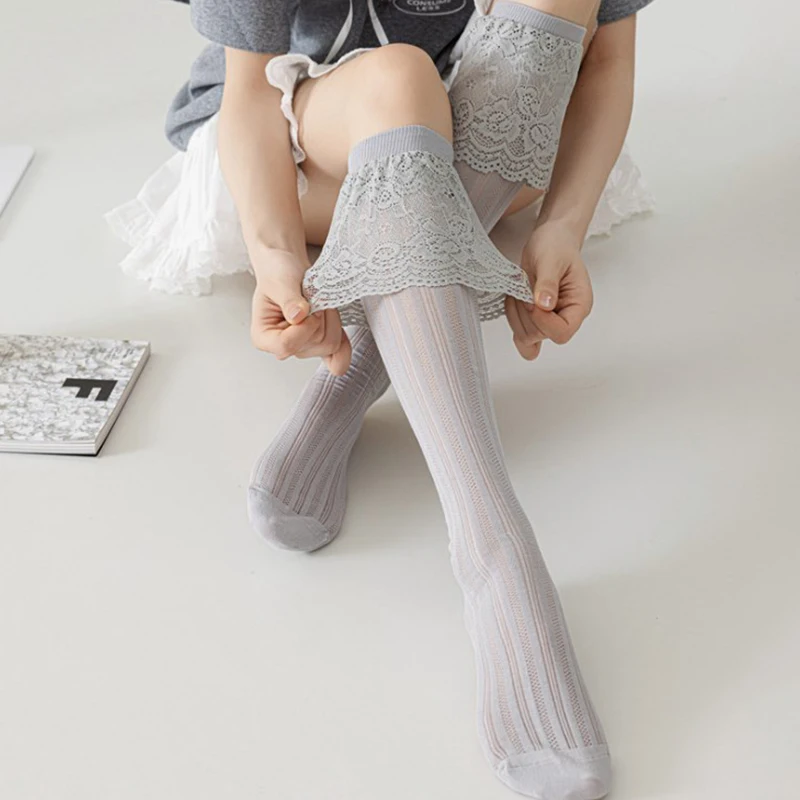 1 쌍 달콤한 프릴 송아지 스타킹 여성 일본식 레이스 로리타 얇은 편안한 솔리드 컬러 송아지 양말