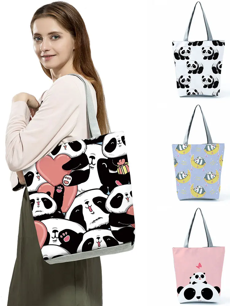 Chinese Panda Printed Handbag Eco Reusable High Capacity Foldable Shopping Bags Cute Cartoon Animal Women Outdoor Travel Totes