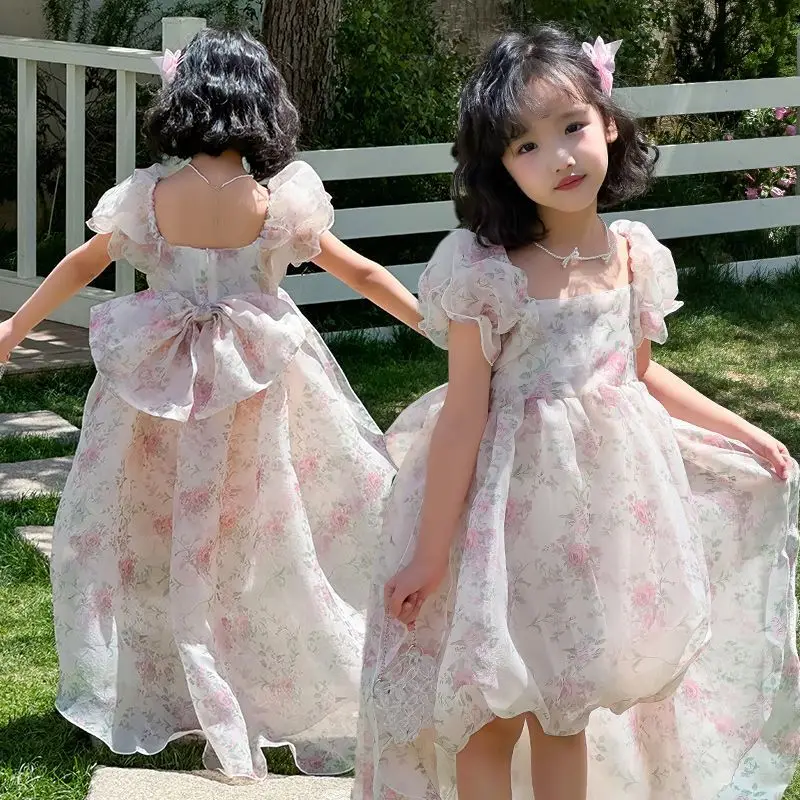 Baby Girl Summer Sweet Backless Lolita Princess Gauze Pink Ball Gown Layed Lace Dress Birthday Wedding Party Eid Childen Clothes