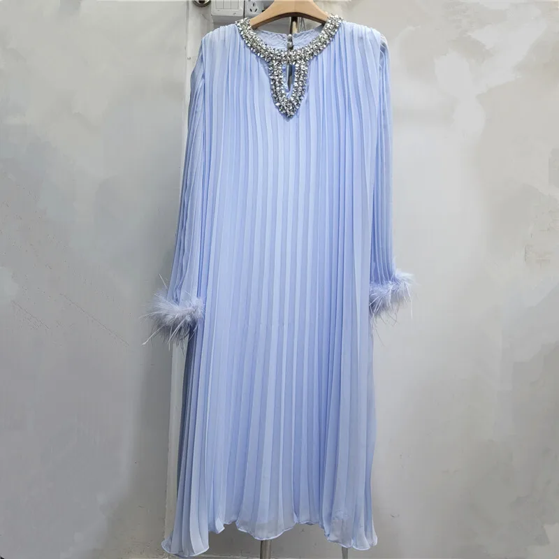 [EWQ] Fashion Design Tassel Long Sleeve Spliced Diamonds Pleated Dress Loose Casual Women Mid Length Dresses 2024 Autumn 16O2835