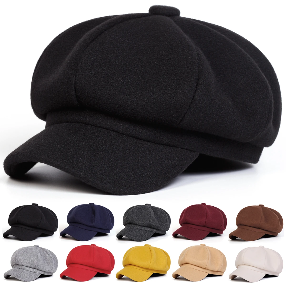 Woolen solid color beret fashion outdoor cotton hat autumn and winter windproof hats men's and women's universal caps