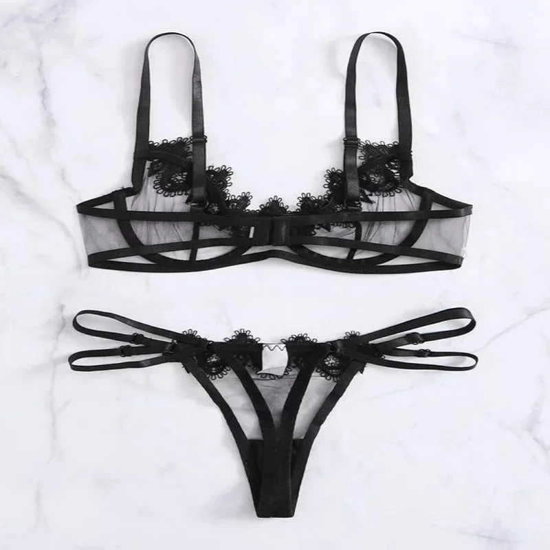 Women Lingerie Set Bra Thongs Underwire Two Piece Bowknot Transparent Mesh Lace Steel Ring Lingerie Underwear Erotic Sexy Bras