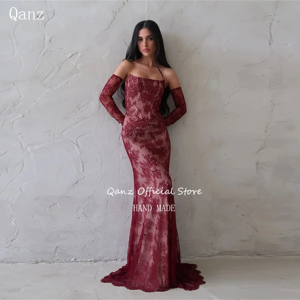 

Qanz Вечерние платья русалки Русалка без бретелек бордовые кружевные элегантные платья для особых мероприятий Vestidos De Fiesta по индивидуальному заказу