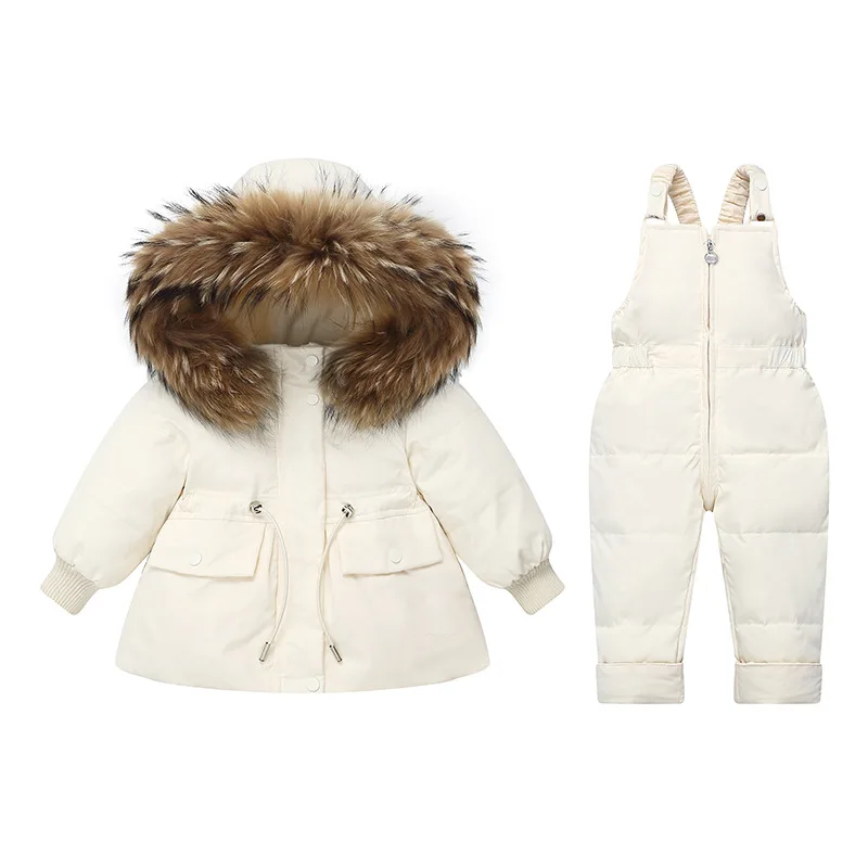 Children\'s Down Jacket Fur Collar Hooded Set Girls Down 2 Piece Set Boys\' Winter Solid Warm White Duck Down Filling Clothes Set