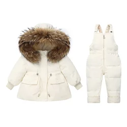 Children's Down Jacket Fur Collar Hooded Set Girls Down 2 Piece Set Boys' Winter Solid Warm White Duck Down Filling Clothes Set