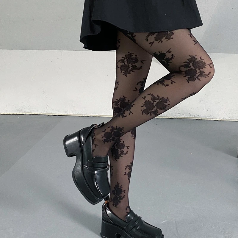 Black Rose Flowers Retro Pantyhose Women Sexy Charming Long Stockings Female White Tights Office Ladies Elegant Leggings Hosiery
