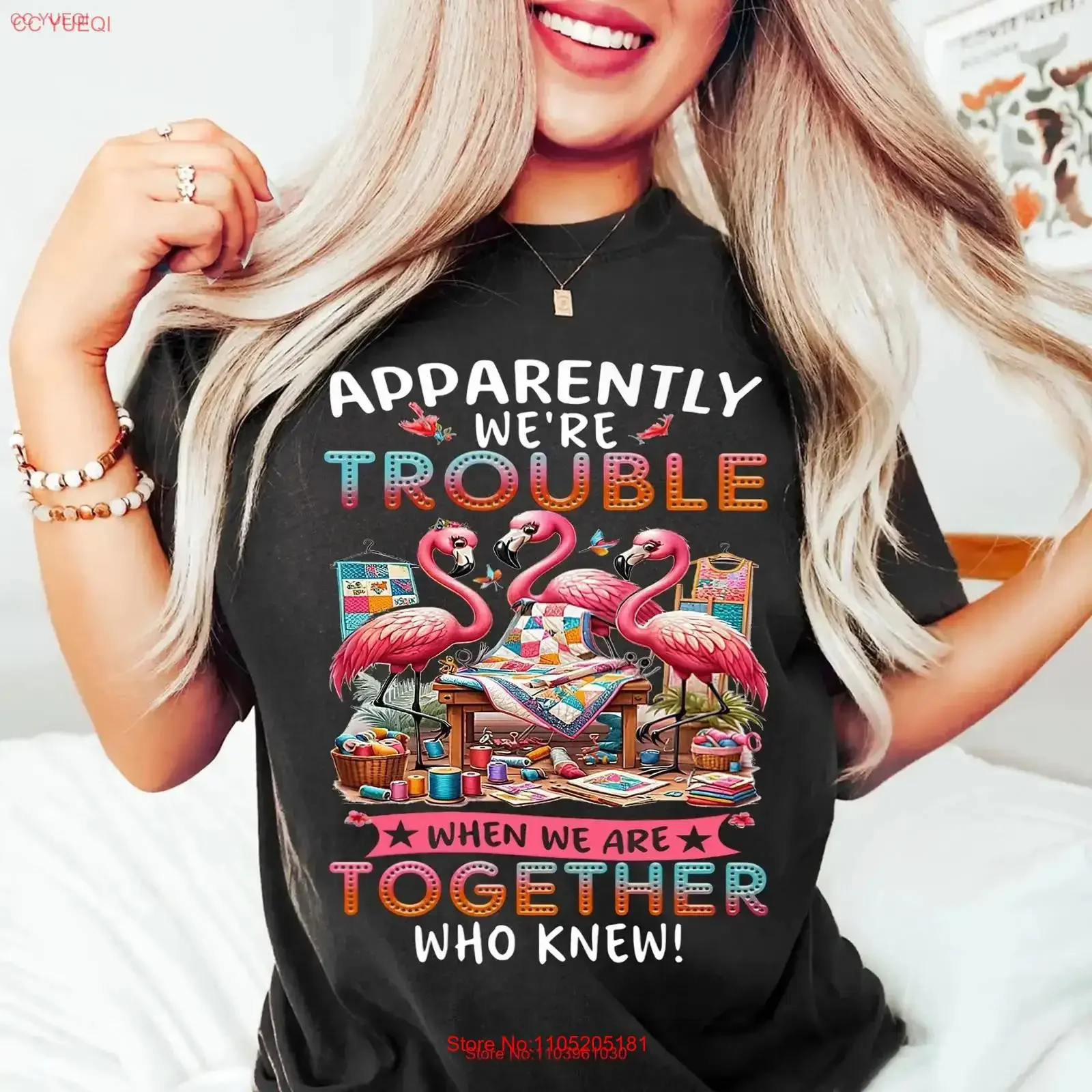 Apparently We're Trouble When Together Flamingo Quilting T Shirt Fun for Sewing Lovers vintage Washed Top For Everyday Wear