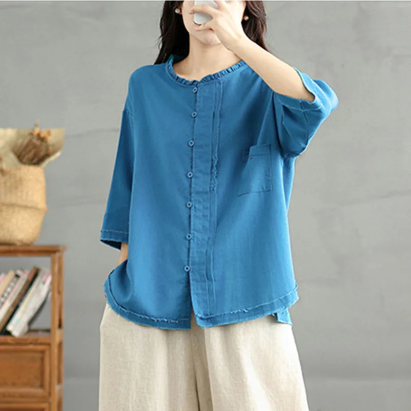 

Literary Loose Summer Linen Shirt Women Casual O Neck Half Sleeve Blouse Vintage Tassel Single Breasted Hemp Tops