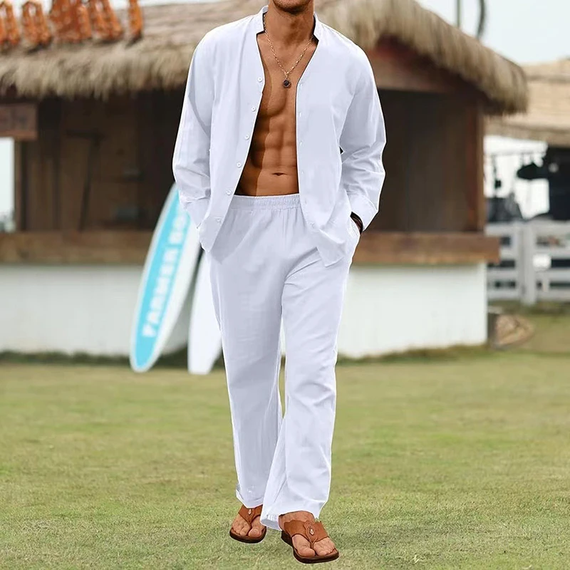 Seaside Beach Leisure Linen Outfits Mens Vintage Stand Collar Long Sleeve Tops And Pants Two Piece Sets Men Autumn Casual Suits