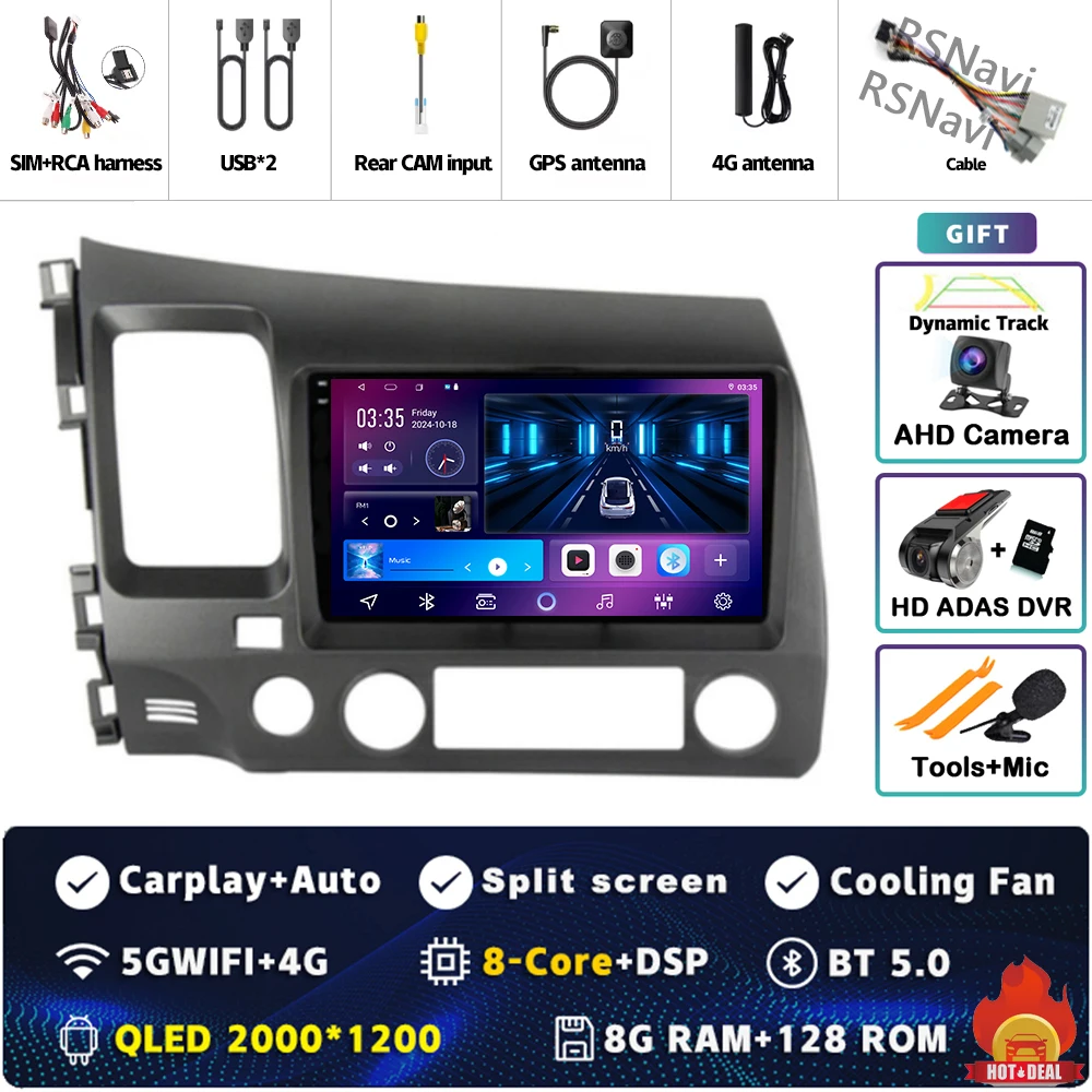 Android 15 Voor Honda Civic 8 FK FN FD 2005-2012 2K QLED Android Autoradio Multimedia Video speler GPS 4G CarPlay Stereo