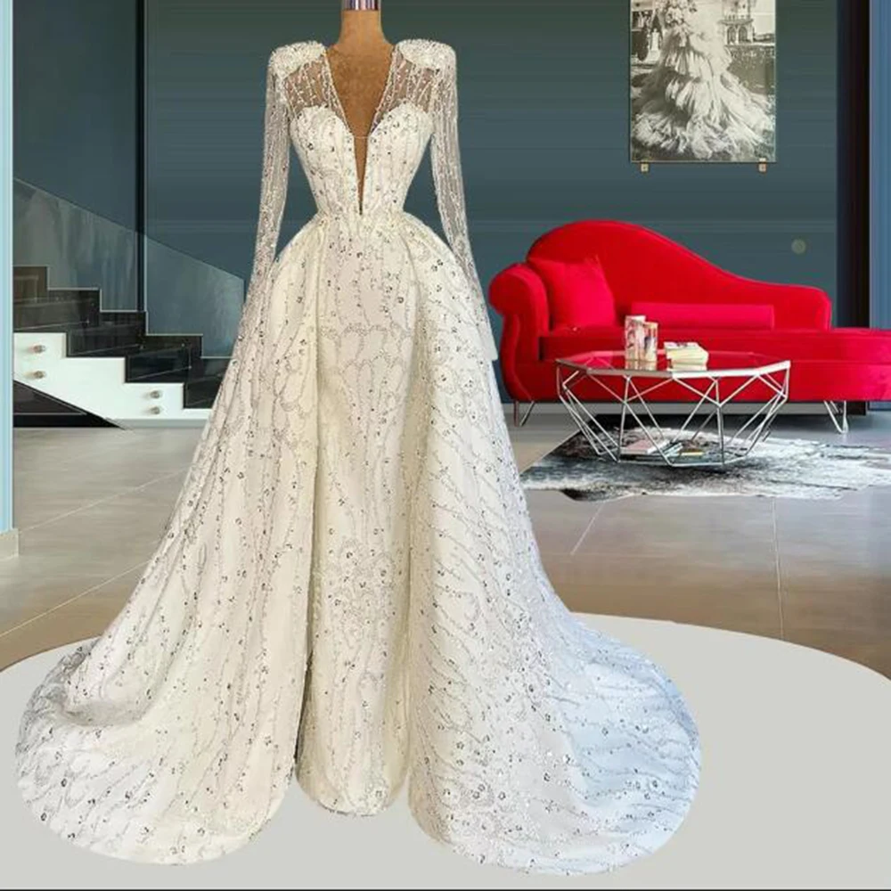 

Luxury White Wedding Dresses V-neck Full Sleeves Floor Length Illusion Sequins Smart Women Banquet Evening Party Ball Gowns