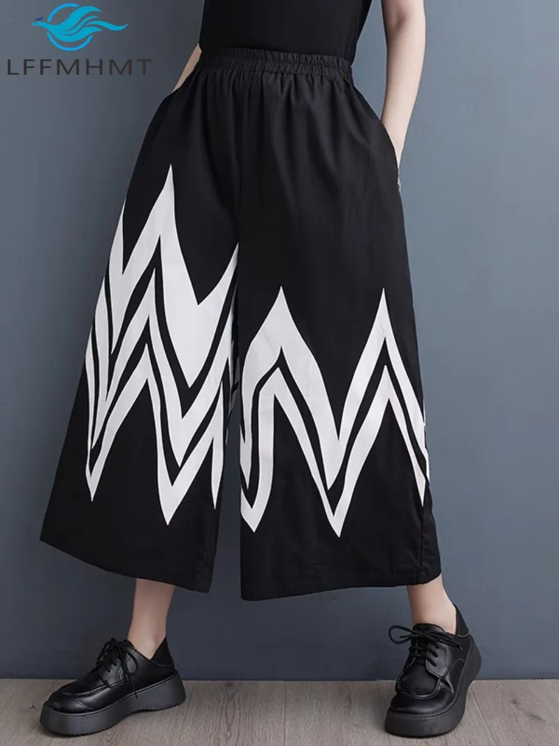 

Summer Fashion Chic Print Elastic Waist Women's Cropped Pants Simple America Style Wide Leg Chic Thin Comfortable Female Trouser