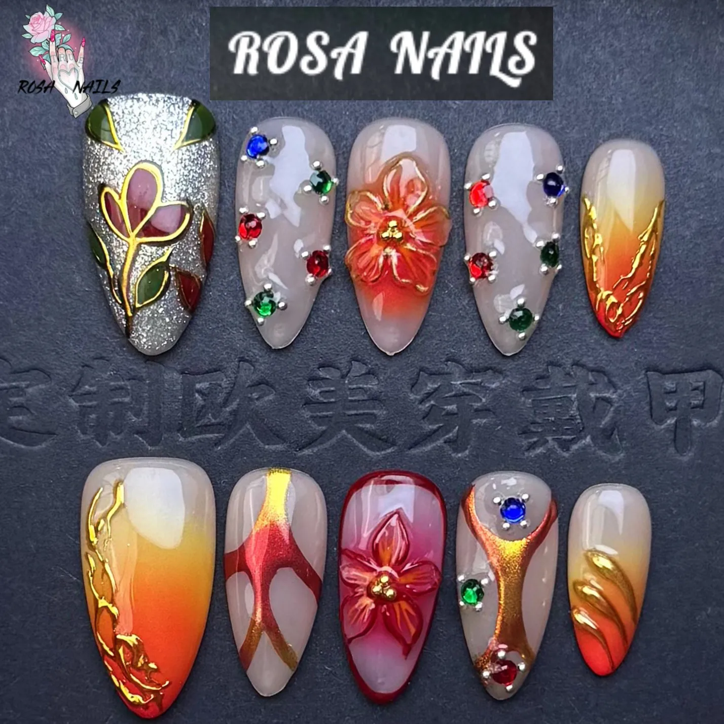 

10 шт., золотые роскошные оранжевые 3D цветы, ручная работа, накладные ногти, 3D цветочный дизайн, накладные ногти, средний миндаль, осенние накладные кончики ногтей