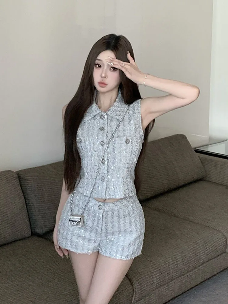 High Street Small Fragrance 2 Piece Sets Women Outfit Korean Fashion Vest Tops + Short Sets Summer Sweet Two Piece Pant Sets