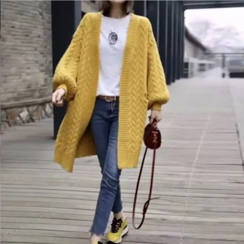 Cardigan Sweater 2023 Knitted Cardigan Coat Women Medium long Korean Coarse Sweater Loose Fried Dough Twists Lazy Sweater Female