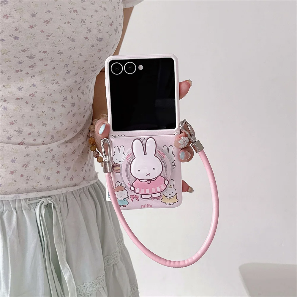 Urocze różowe etui na telefon z motywem królika Miffy, z podstawką magnetyczną i paskiem na rękę, do Samsung Galaxy Z Flip8 7 FE Flip7 Flip8 Flip5 6. — zdjęcie produktu 4