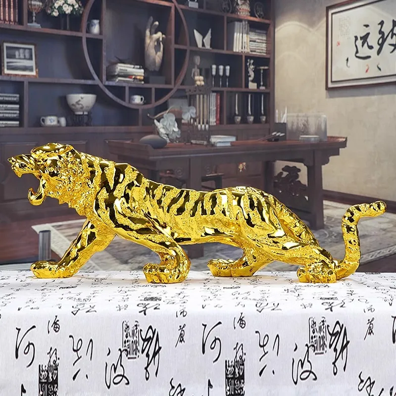 Golden Tiger Animal Sculpture, Electroplated Resin Crafts, Home Decoration, Living Room and Office Desk Decoration Ornaments