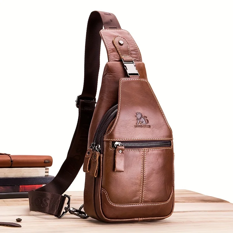 Genuine Leather Chest Bag, Multi Pockets Sling Bag, Retro Casual Style Crossbody Bag