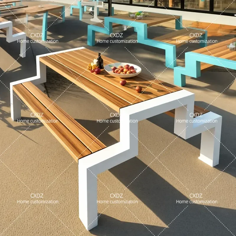 Outdoor Plastic Wood Table and Chair Set Waterproof Sunproof Dining Furniture for Courtyard Villa Park Barbecue Garden