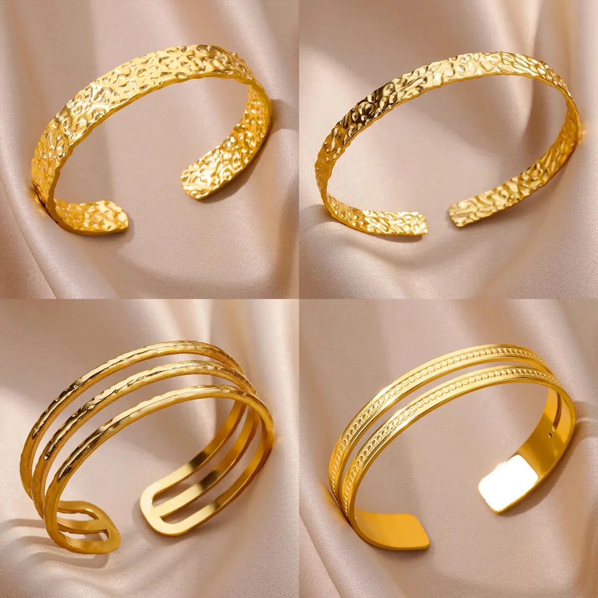 Verstellbare breite Armreifen für Frauen, Edelstahl, faltbares Texturarmband, wasserdicht, goldfarben, luxuriöser Paarschmuck