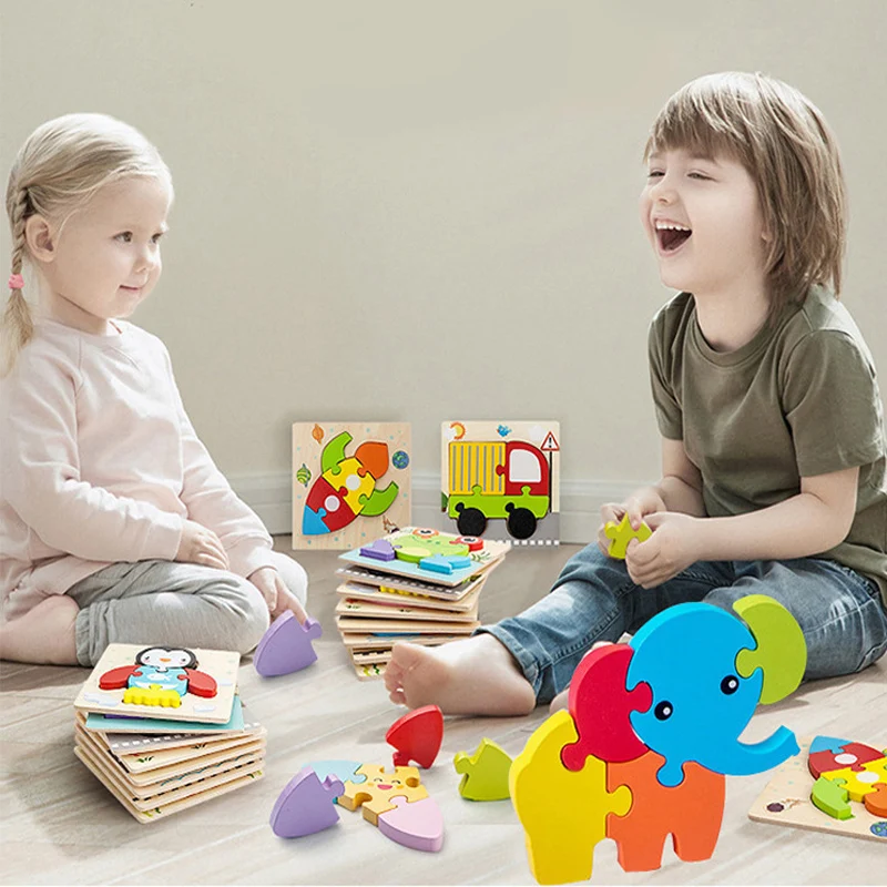 Boa qualidade 3d quebra-cabeça de madeira para crianças dos desenhos animados animais quebra-cabeças inteligência crianças cedo brinquedos educativos cognitivos