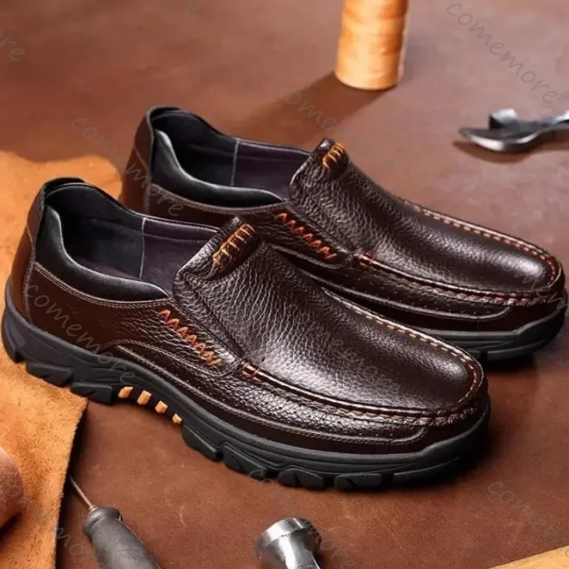 Men New Business Fashion Leather Dress Shoes Thick Sole Casual Slip-on Loafers Concise Retro Comfort Round Head Male Footwear